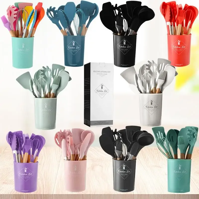 11pcs Silicone Kitchen Cooking Utensils Set of With Holder High Quality Beech Wood Handle Kitchen Tool Food Grade Good Toughness