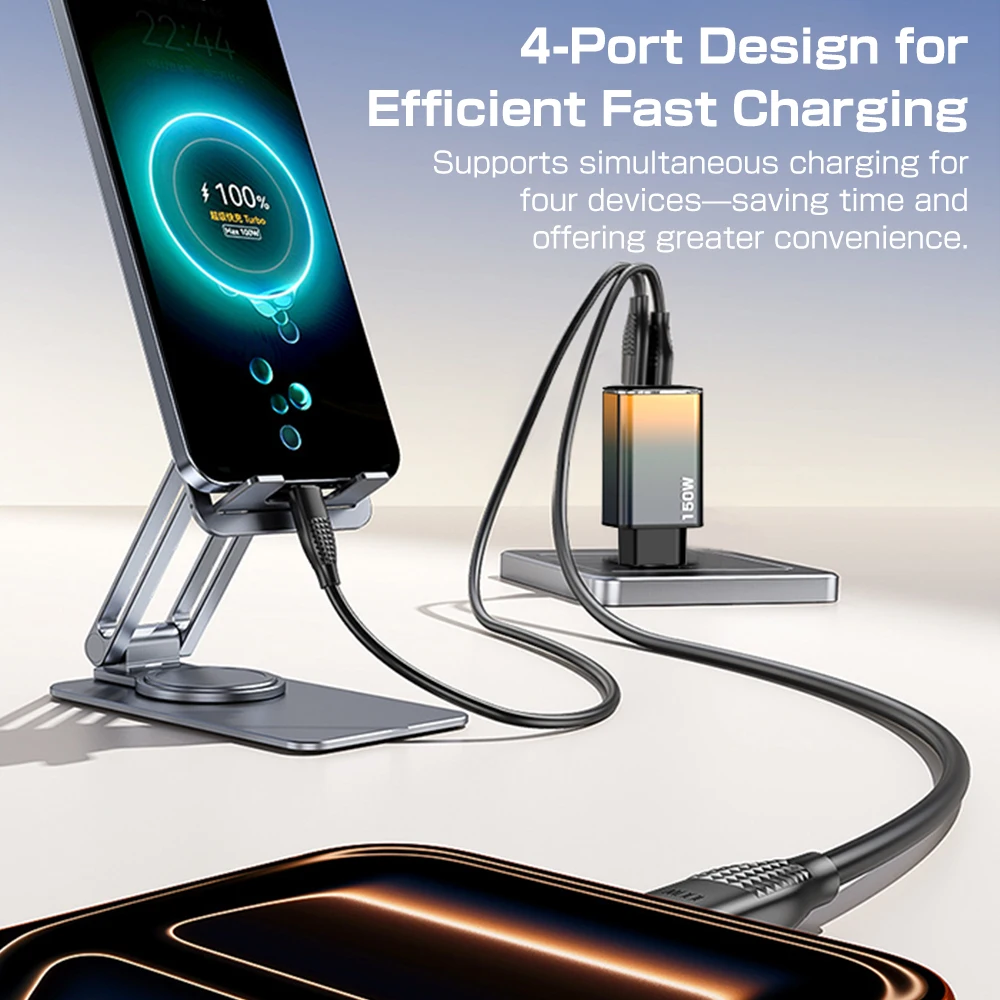 150W GaN USB C Fast Charger 4 Ports PD 3.0 QC 3.0 Wall Adapter for iPhone 15 Pro Samsung Xiaomi Laptop MacBook Travel Plug EU/US
