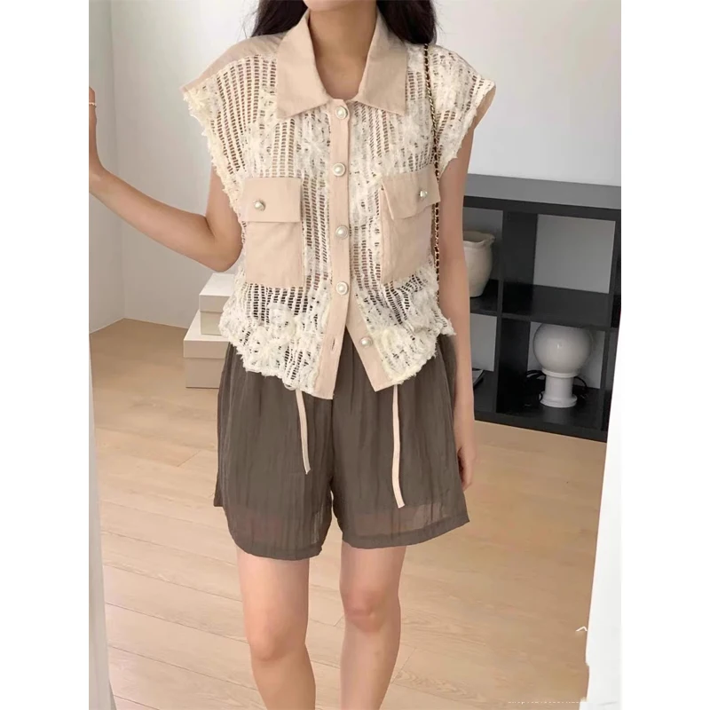

Korean Style Women's Sleeveless Shirt Vest 2025 Summer New Sweet Flower Belted Double Pocket Button-Up Loose Fit Commute Style