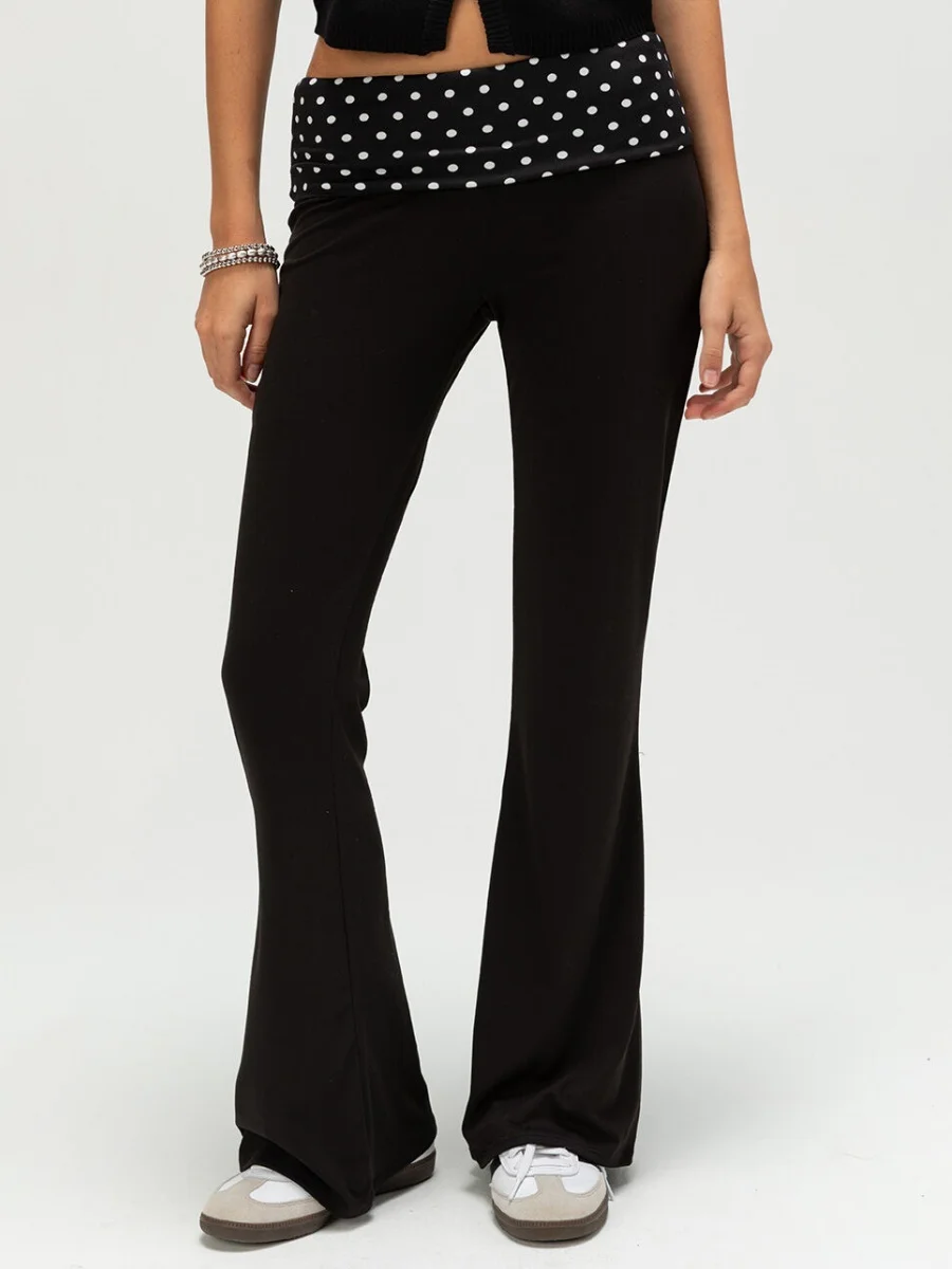 Womens Polka Dot Fold Over Waistband Flared Pants Elastic Low Waist Wide Leg Leggings Bell Bottoms Sweatpants