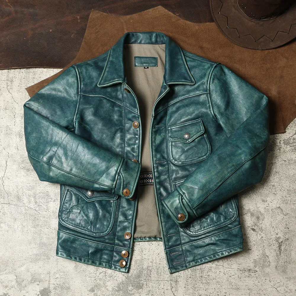 AnnualRing Sky Blue Retro Distressed Leather Jacket RRL Style Men's Genuine Leather Jacket, Top Layer Cowhide Amikaki Jacket