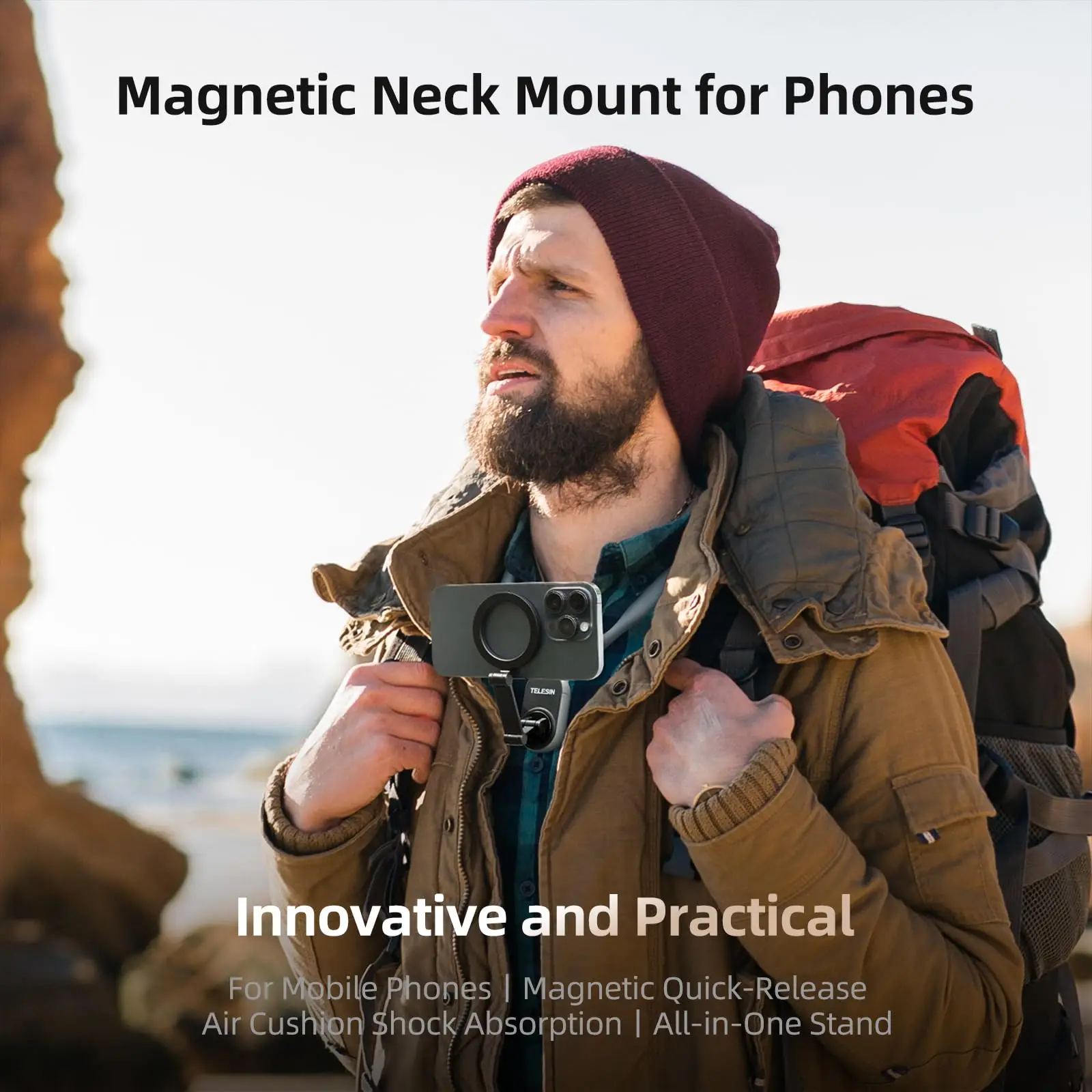 Magnetic Neck Mount for Phones, Neck Cell Phone Holder POV/Vlog Selfie Mount Hand Free Phone Neck Holder Chest Stand Strap Video