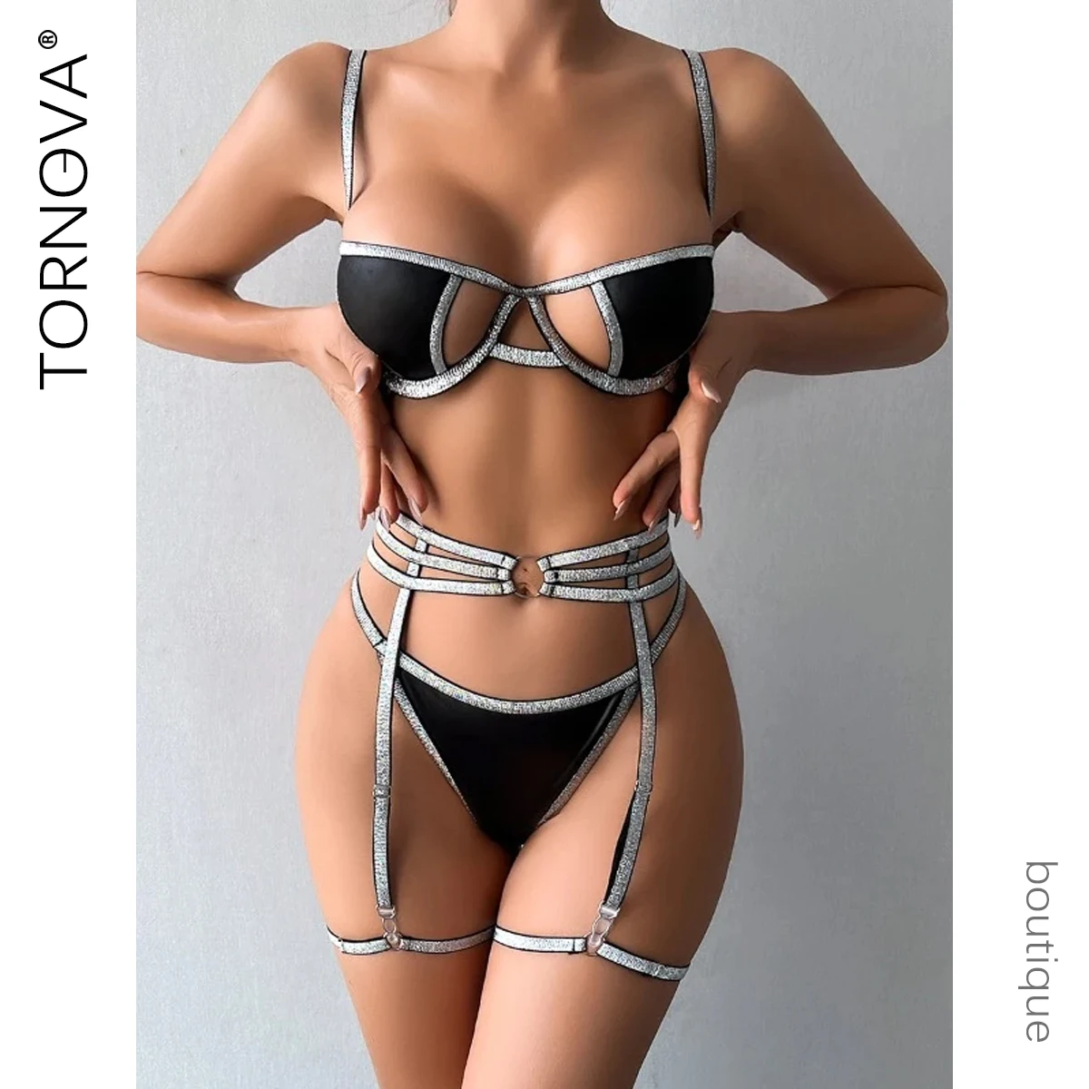 Tornova Sexy Woman Underwear Lingeries Sexy Hot Gold and Silver Silk Thread PU Leather Splicing Hollow Out Sexy Lingerie Suit