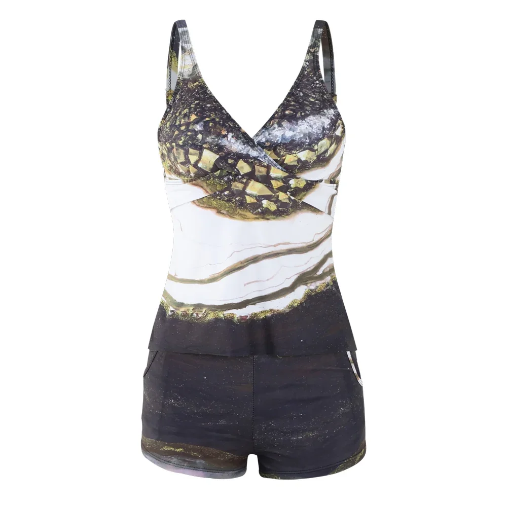 Damen Sexy Trägerloser Bikini Neckholder Tankini Flats Bademode Zweiteiler Beach Resort Einzigartiger Print Bademode S-6XL