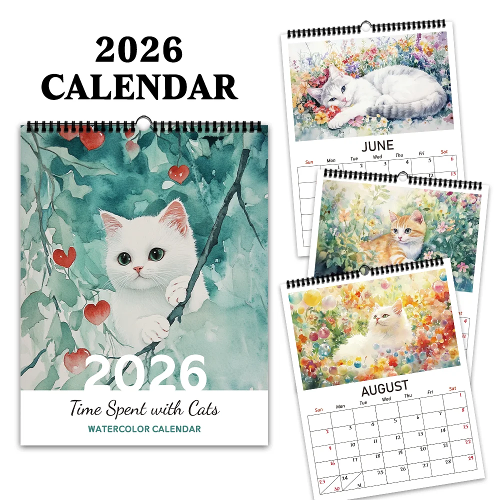 1pc, 2026Hand-Painted Floral Cat Series Wall Calendar, Cat Series, 12 Designs, Wall Calendar, Birthday, Christmas, New Year Gift