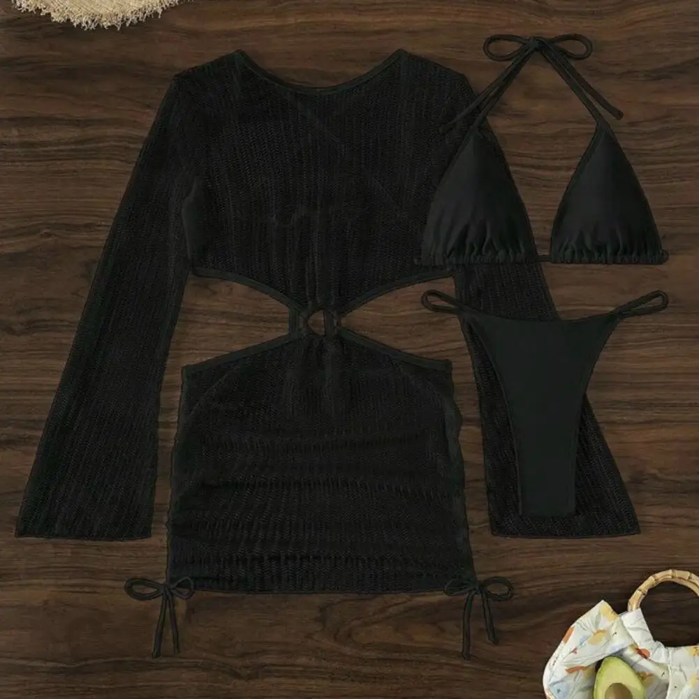 Zweiteiliger Badeanzug für Damen, stilvolles Schnür-Bikini-Set mit Netz-Cover-Up-Kleid, 3-teiliges Damen-Bademode-Ensemble, Neckholder-BH