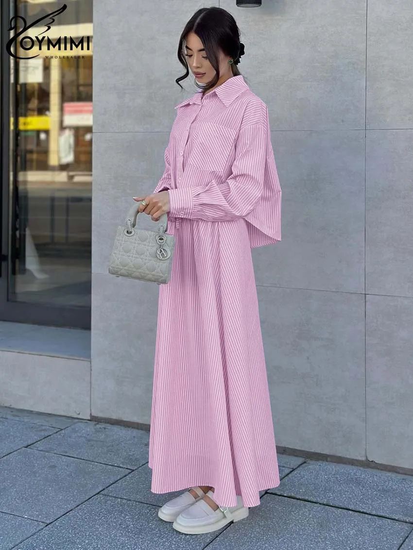 Oymimi elegante rosa gestreifte Druck Frauen 2 Stück Set Outfit Mode Langarm Knopf Hemd und hohe Taille Kordel zug Rock Sets