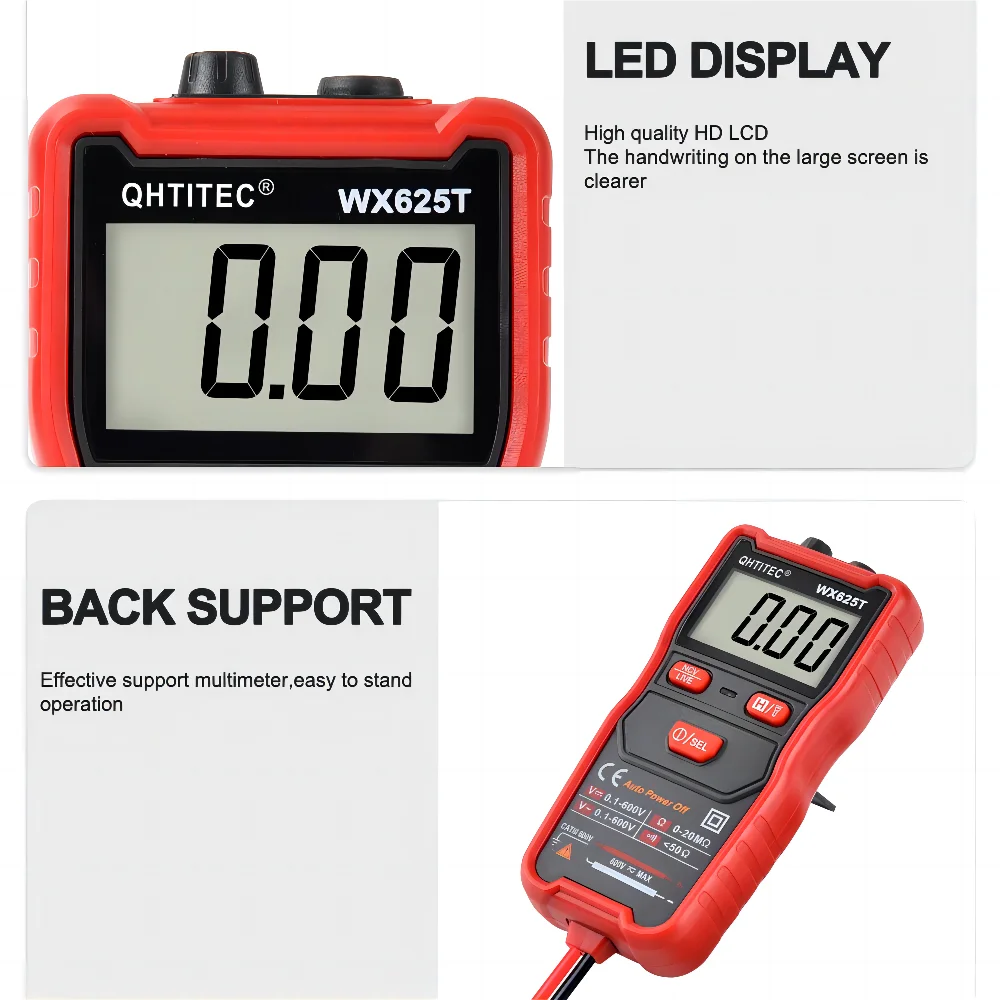 QHTITEC-625T Multímetro Digital, True RMS, Alcance Automático, Multímetro, Medidor de Transistor, AC, DC Tensão Tester com Lanterna NCV