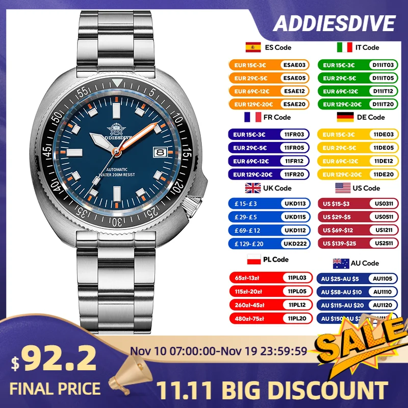 

ADDIESDIVE New AD2081 Diver Watch Luxury Sapphire AR Coated NH35 Automatic 20Bar Waterproof Men's Watch Luminous Men Watches