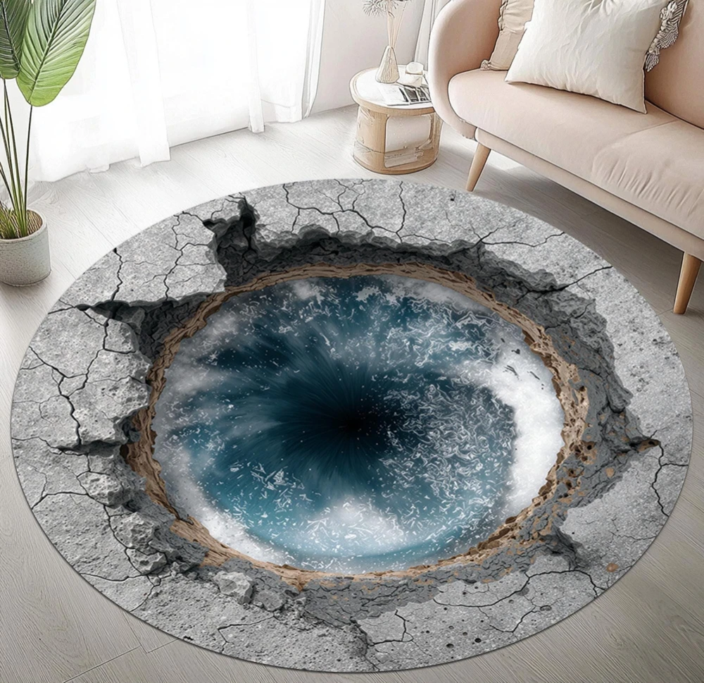 3D Cracked Ground Hot Lava Volcano Optical Illusion print Round Rug,Living Room,Game Room,Bedroom Non Slip Rug Keepsake