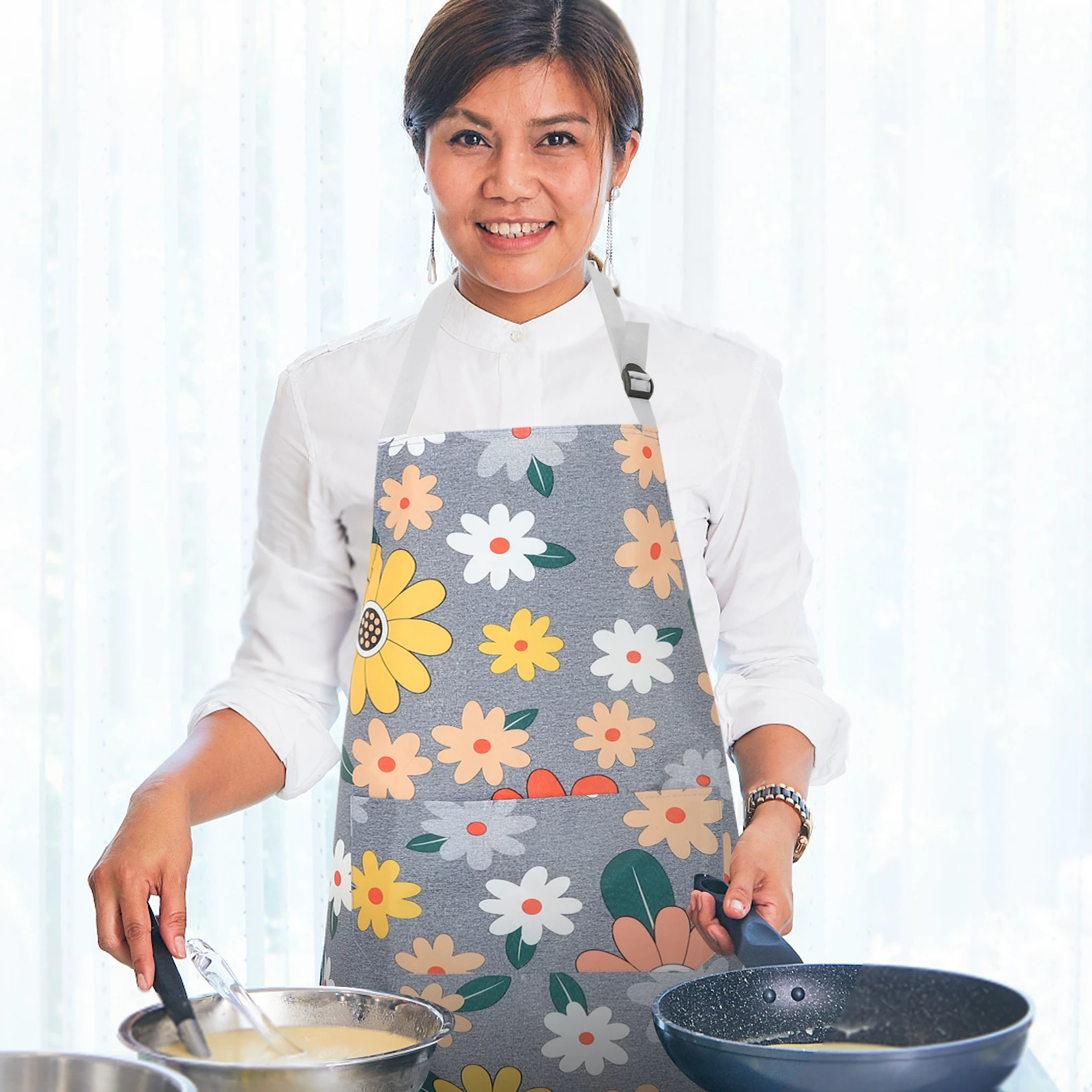 

2PCS Oil resistant Aprons Cotton Linen Kitchen Studio Adjustable Neck Long Belt Pockets Women Chef Reusable Household Cooking