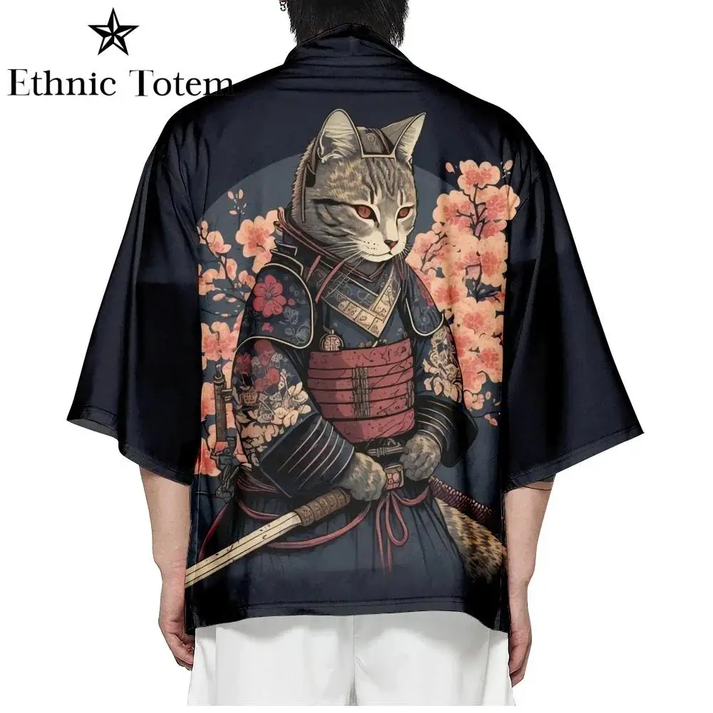 Japanese Cat Kimono for Men Women Samurai Pattern Cardigan Harajuku Traditional Clothes Summer Beach Haori Clothing