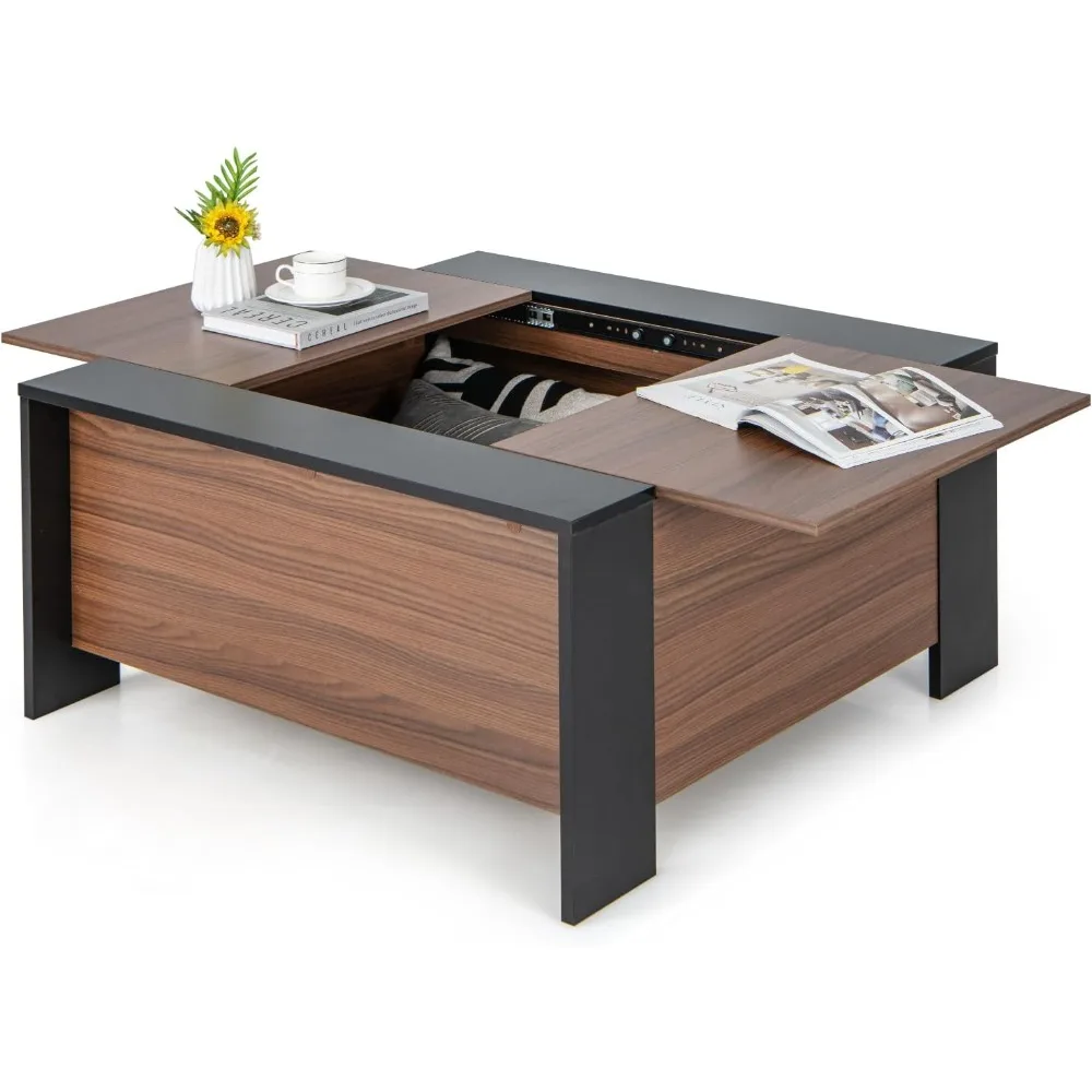 

Sliding Top Coffee Table with Hidden Storage, 36.5” Square Pull Out Center Table w/ 5 Support Feet, Extendable Cocktail Tea Tab