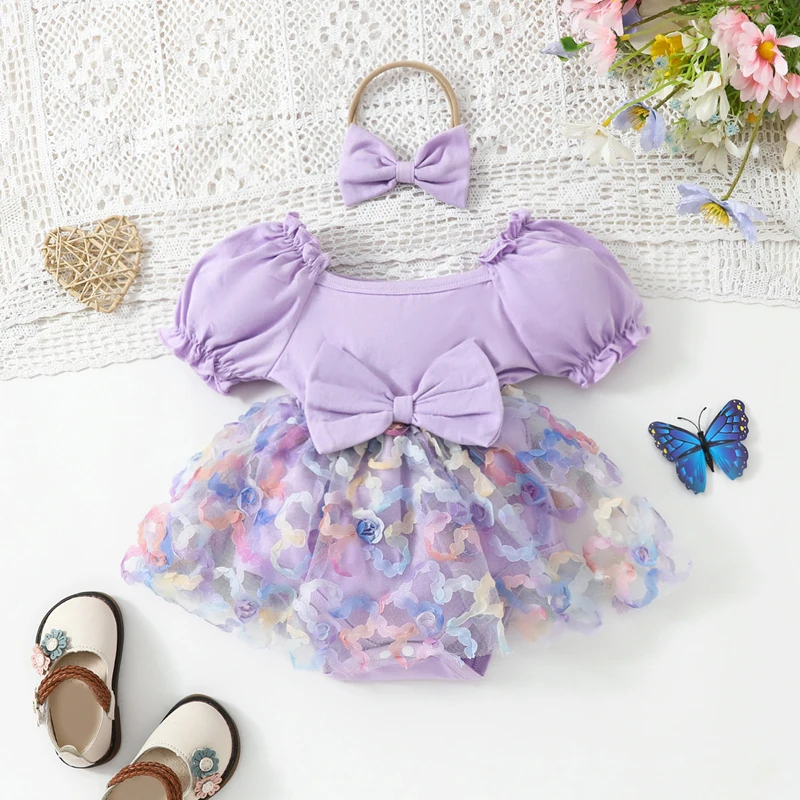 

Newborn Baby Girl Puff Sleeve Romper Summer 3D Flower Bodysuits with Bowknot Hairband Clothes Toddler 2pcs Jumpsuit Suit