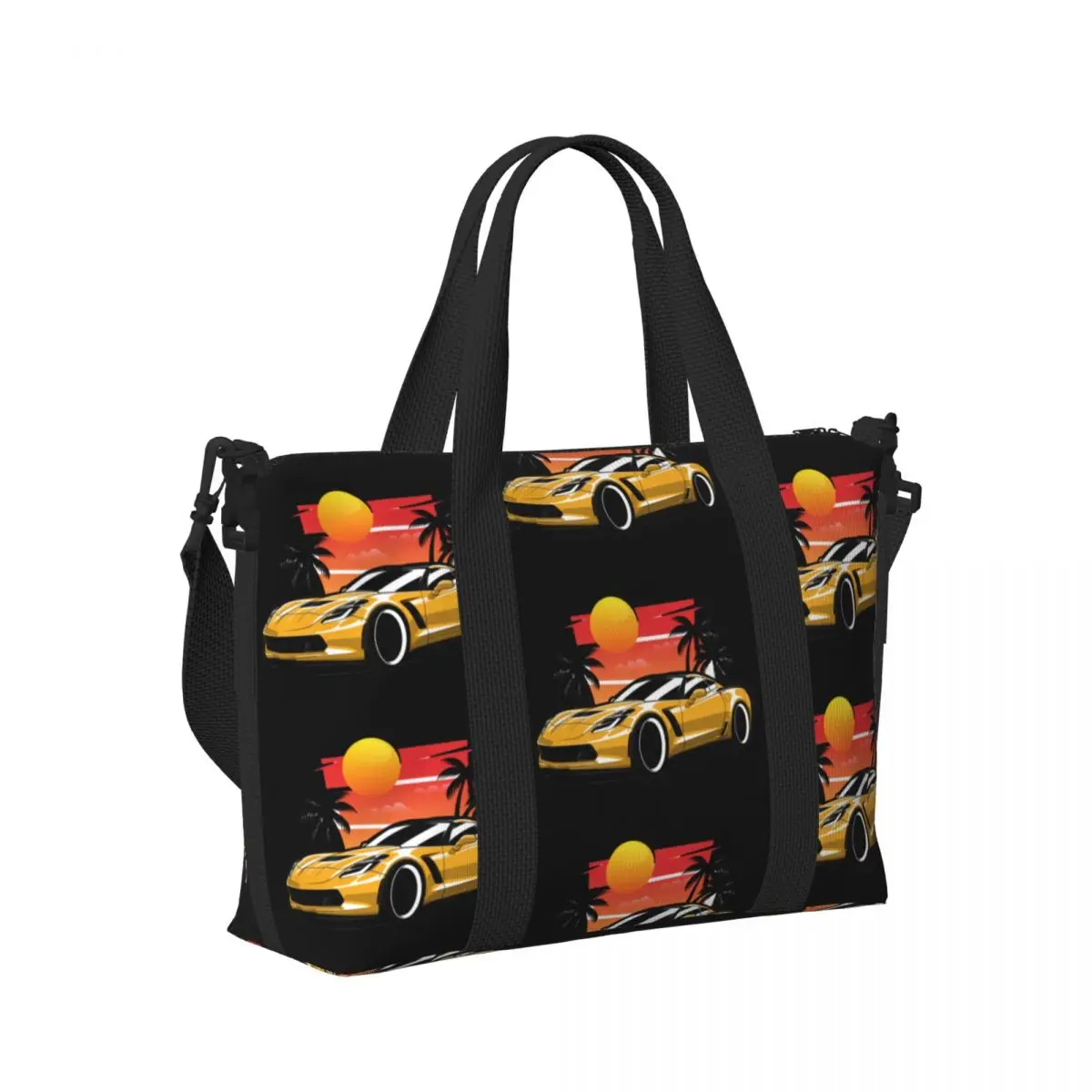 

Yellow Corvette Z06 Sunset Palms Beach Travel Bag Large Capacity Tote Bags for Gym Yoga Women Shopping Duffle Shoulder Bag
