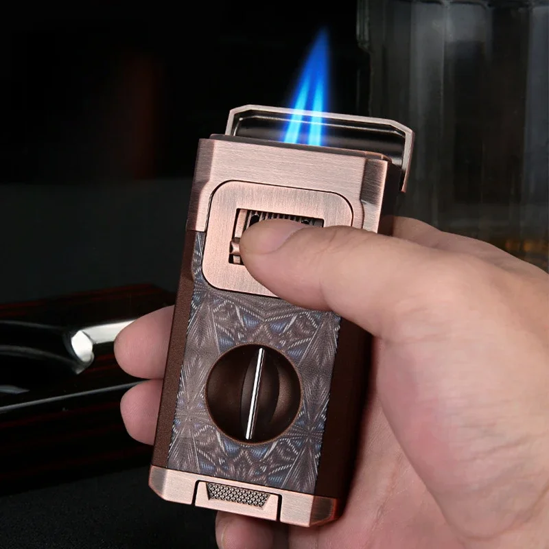 HONEST HOT Luxury Cigar Lighter V Shape Knife Cigar Holder Dual Nozzle Flame Butane Refillable Torch Gas Lighter Smoking