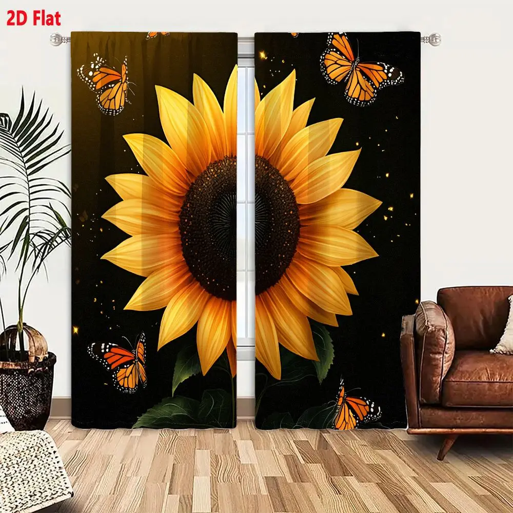 2Pcs Curtains Add 2D Flat Large Vibrant Sunflower With Monarch Butterflies And Glowing Particles On Dark Background Window Drape