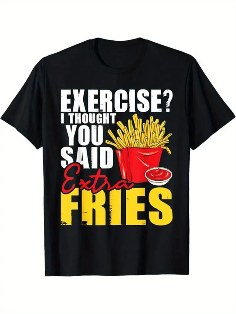 Men's Plus Size Funny Fries Casual Short Sleeve Crew Neck T-Shirt And Hamburger Shirt Set, Soft Comfortable Top, Retro Style, Fo