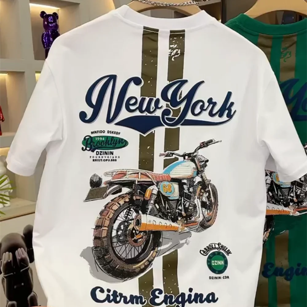 

Летняя футболка с круглым вырезом и мотоциклетным принтом, мужская модная универсальная свободная повседневная футболка с короткими рукавами