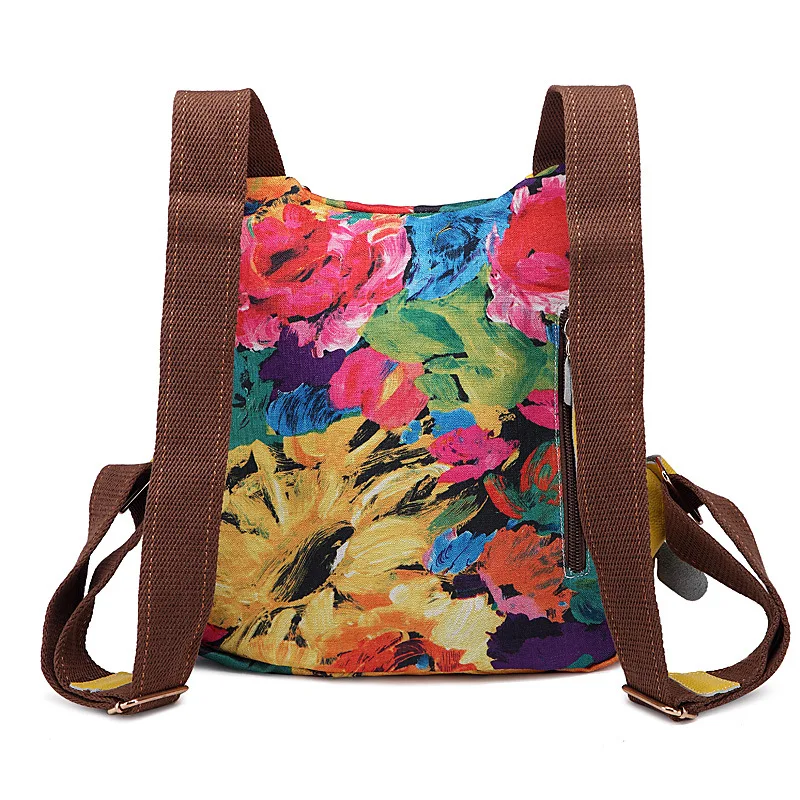 Women\'s New Fashion Cowhide matching canvas Large Capacity Flower Print Shoulder Bag Fashion backpack Travel Bag Daily