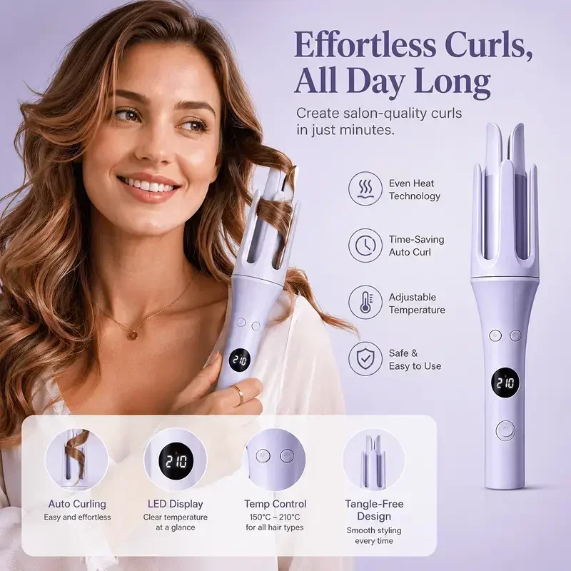 Auto Rotating Hair Curler Portable Automatic Hair Styling Tool One Key Operation Digital Display Curling Iron with Storage Bag