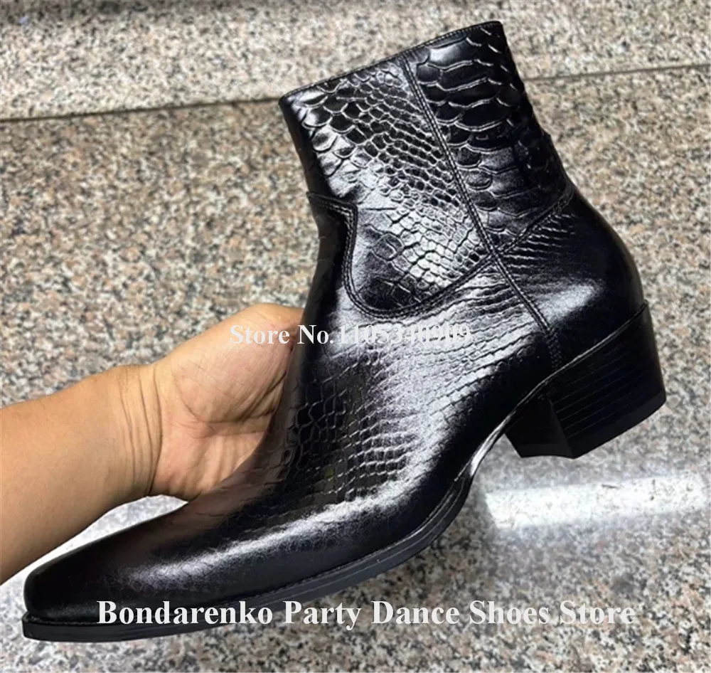 Bondarenko Men Black Snakeskin Pattern Leather Chunky Heel Short Boots Pointed Toe Zipper-up Low Heel Dance Shoes Club Shoes