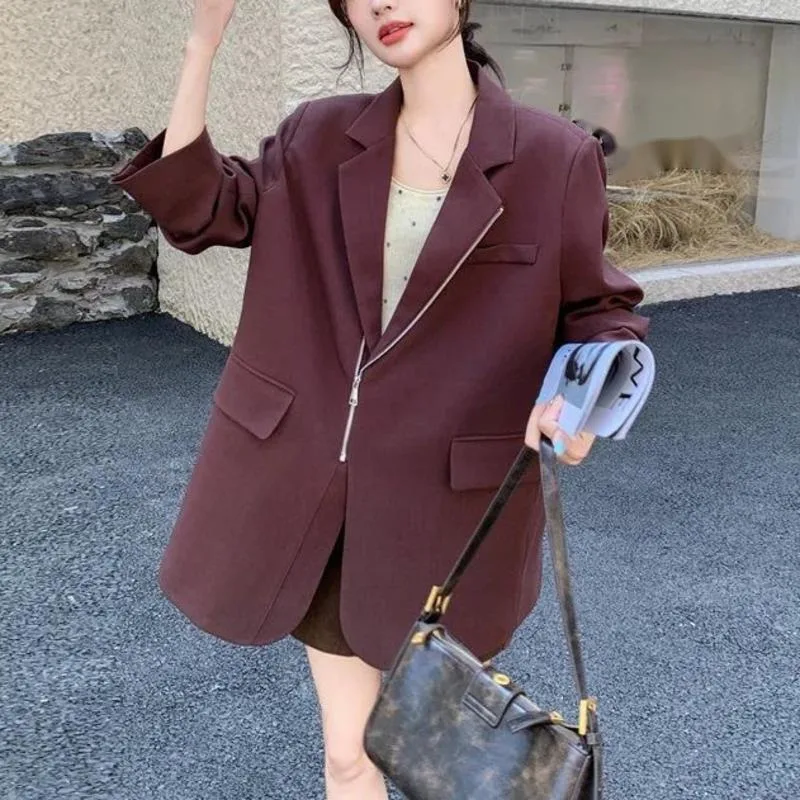 HKSH 가을 새로운 여성 세련된 블레이저 지퍼 포켓 비대칭 디자인 Office 레이디 우아한 기질 패션 캐주얼 코트 HK10693