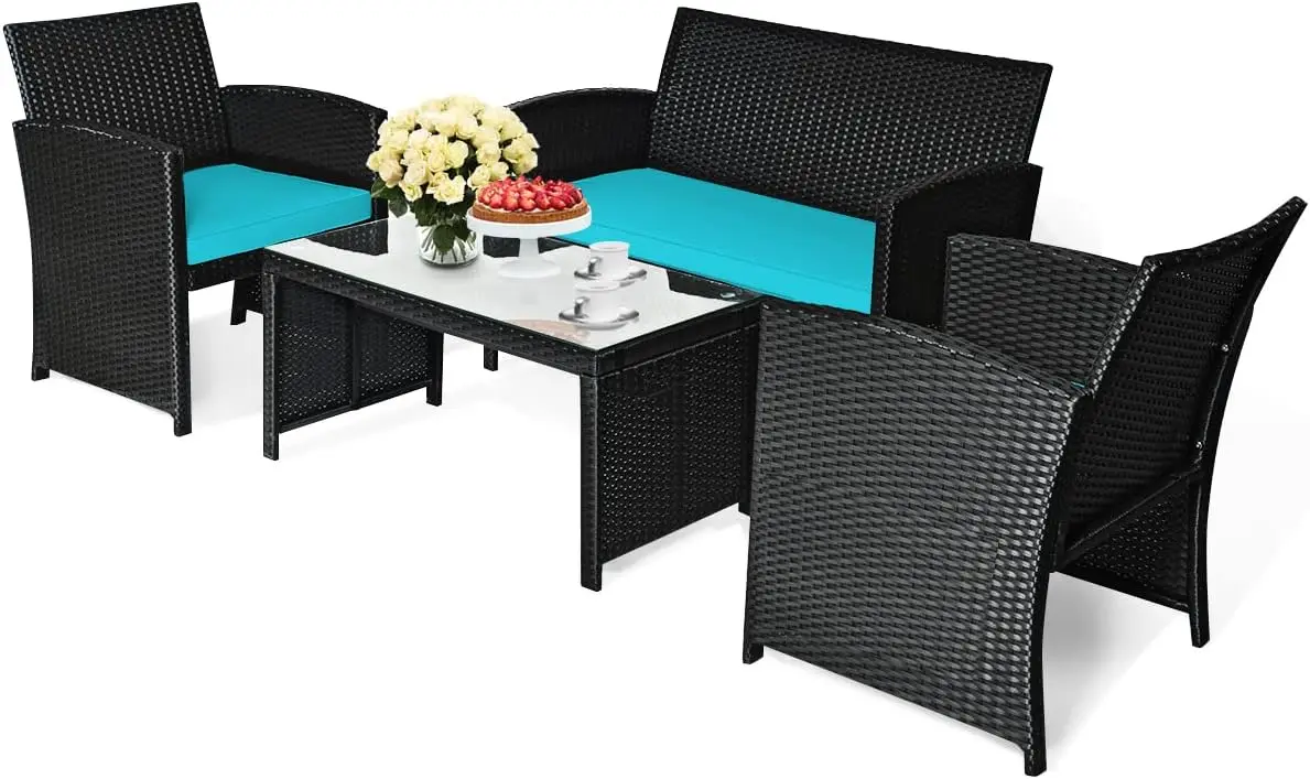 

4 Pieces Patio Furniture Set, Outdoor Rattan Wicker Patio Conversation Set, Rattan Sofa & Table Set w/ Cushions & Glass Tabletop