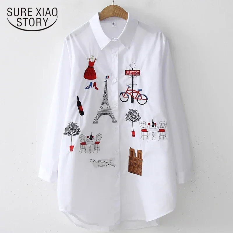 2024 New White Shirt Casual Button Up Turn Down Collar Female Blouse Long Sleeve Cotton Blouse Embroidery Blouse Lady 5083 50