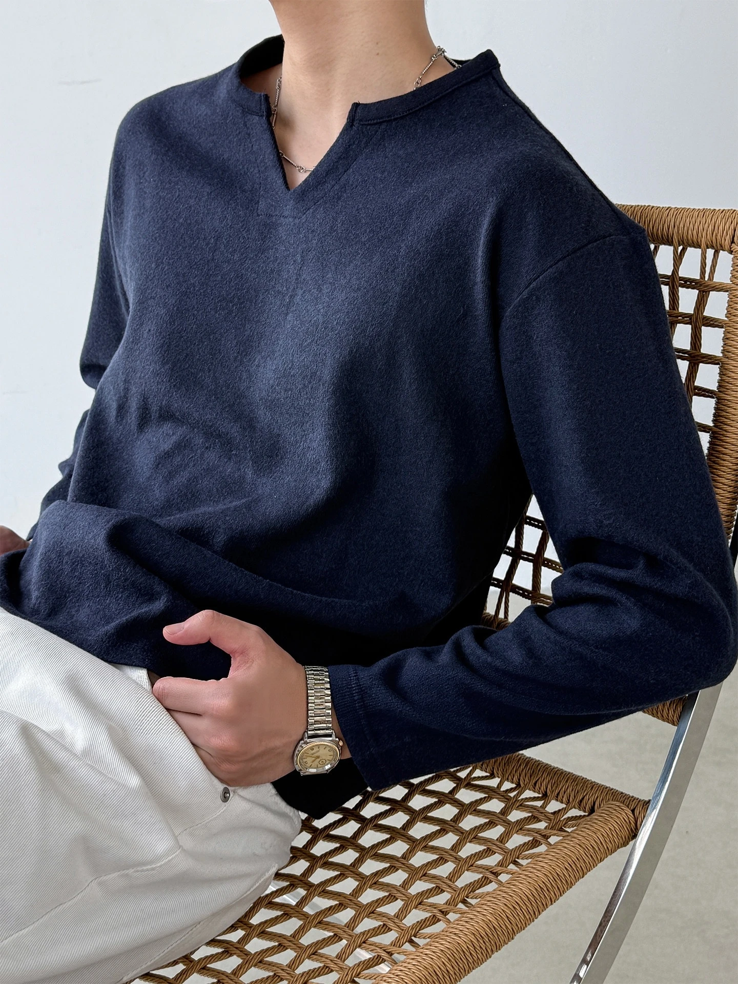 Mens V Neck Long Sleeve T Shirt Basic Solid Color Soft Stretchy Comfortable Essential Casual Trendy Pullover Top Spring Autumn