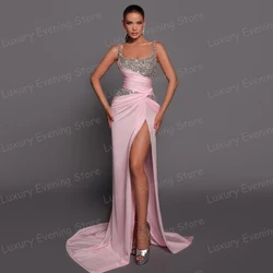 Glitter Sexy Pink Evening Dresses Woman's Mermaid Boat Neck Prom Gowns Sequined Sleeveless Customized Vestidos De Fiesta Gala