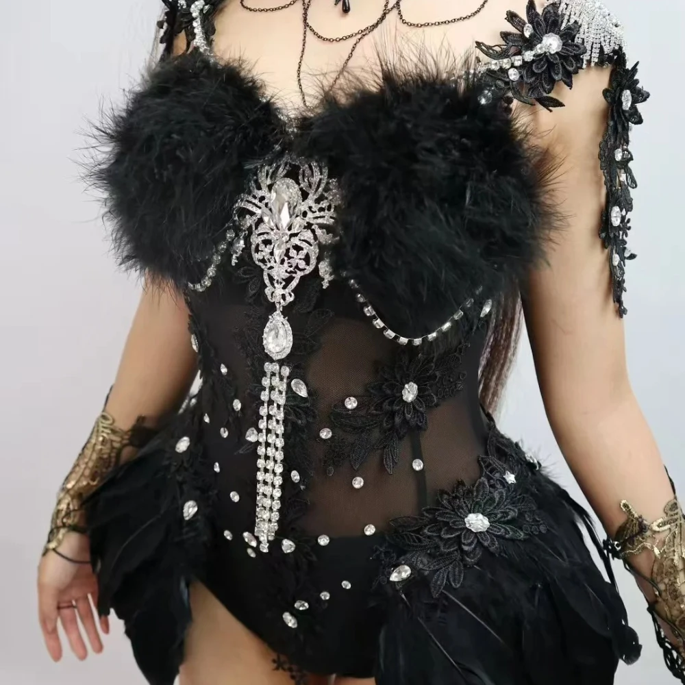 

White Feather Rhinestones Bodysuit Sexy Transparent Stage Wear Carnival Party Bar Dancer Performance Clothes Drag Queen Costume