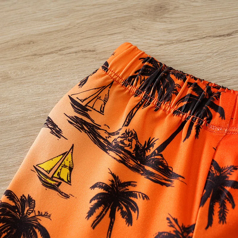 مجموعة الصيف العصرية على شاطئ البحر إعداد الشمس شجرة جوز الهند طفل صبي فتاة طباعة الملابس قصيرة الأكمام عطلة السراويل مثلث بذلة #5