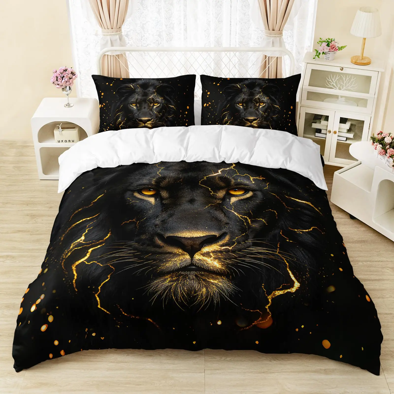 3D Lion Duvet Cover Wild African Animal Lion Comforter Cover for Teens Boys Room Dorm Decor Hunting Animal Twin King Bedding Set