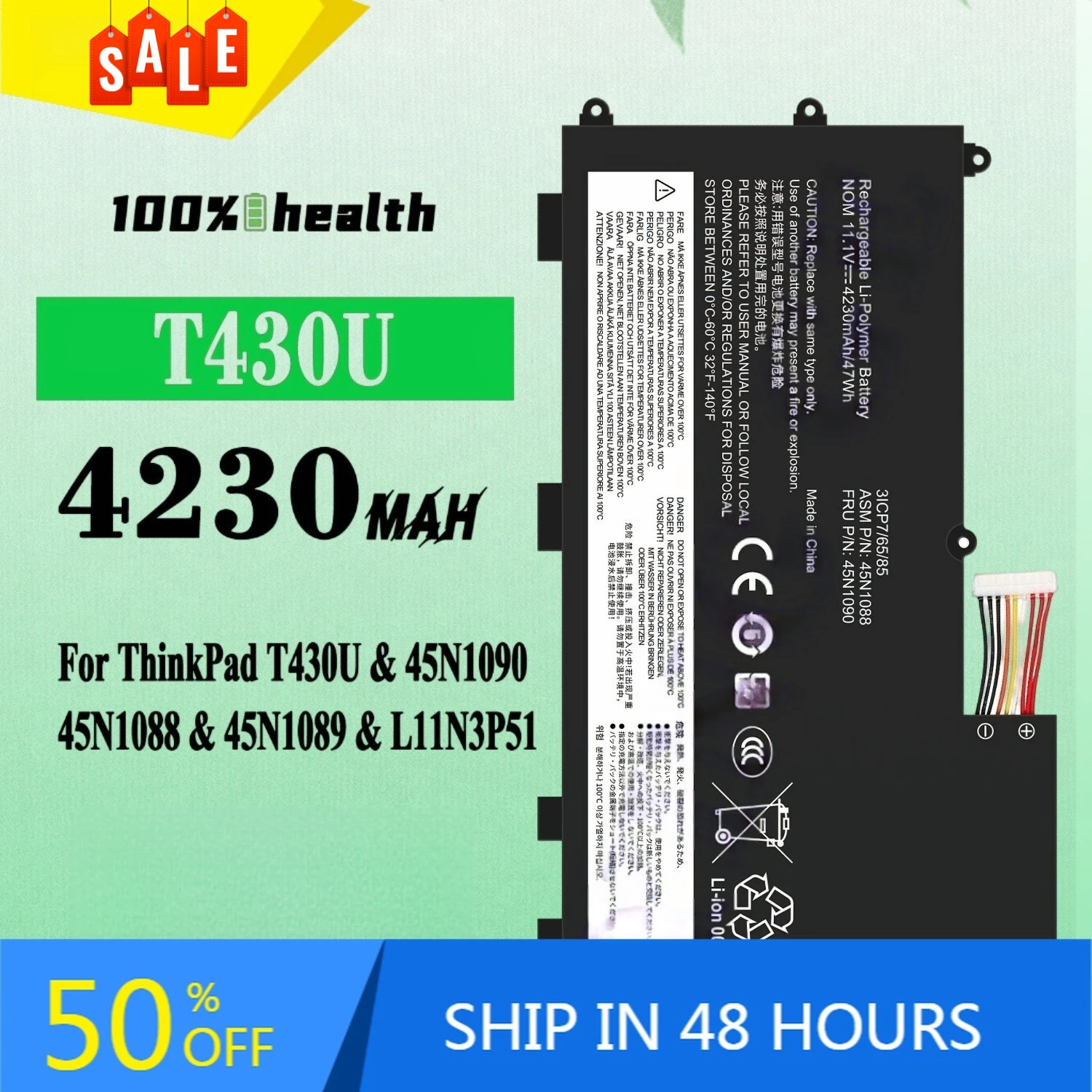 

T430U 4230mAh Laptop Battery for Lenovo ThinkPad T430U 45N1090 45N1088 Lithium Rechargeable Battery
