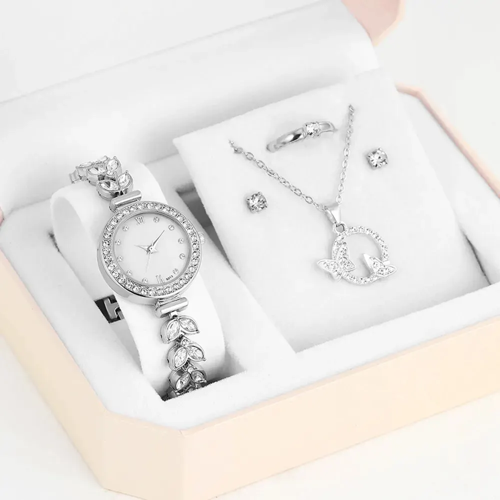 5PCS Set Luxury Watch Women Ring Necklace Earrings Rhinestone Fashion Wristwatch Female Casual Ladies Watches Silver Color Set