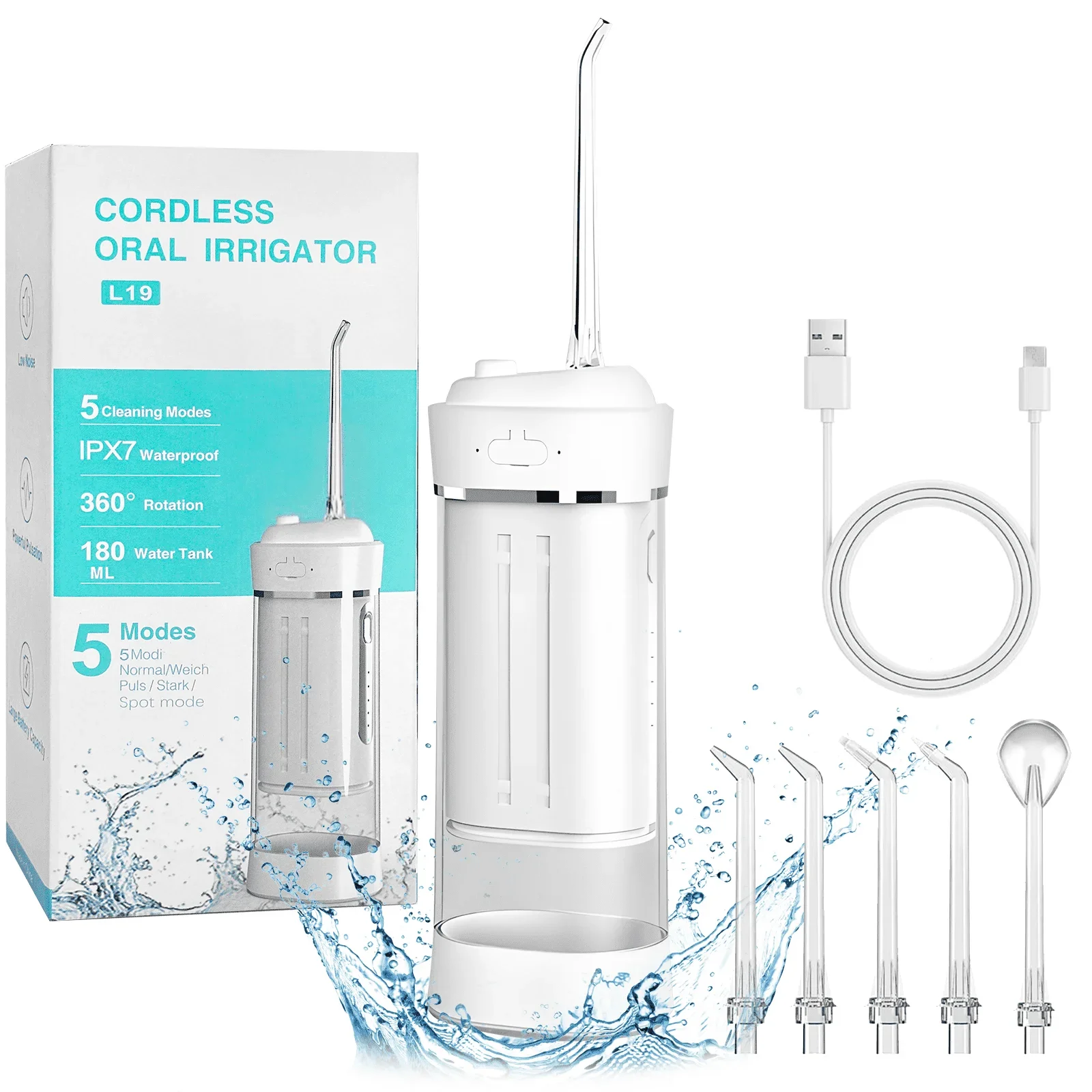 

Портативная ирригатор для воды: ирригатор для полости рта, водяной очиститель зубов, 5 режимов, перезаряжаемая ирригатор с 5 насадками, подходит для домашних путешествий