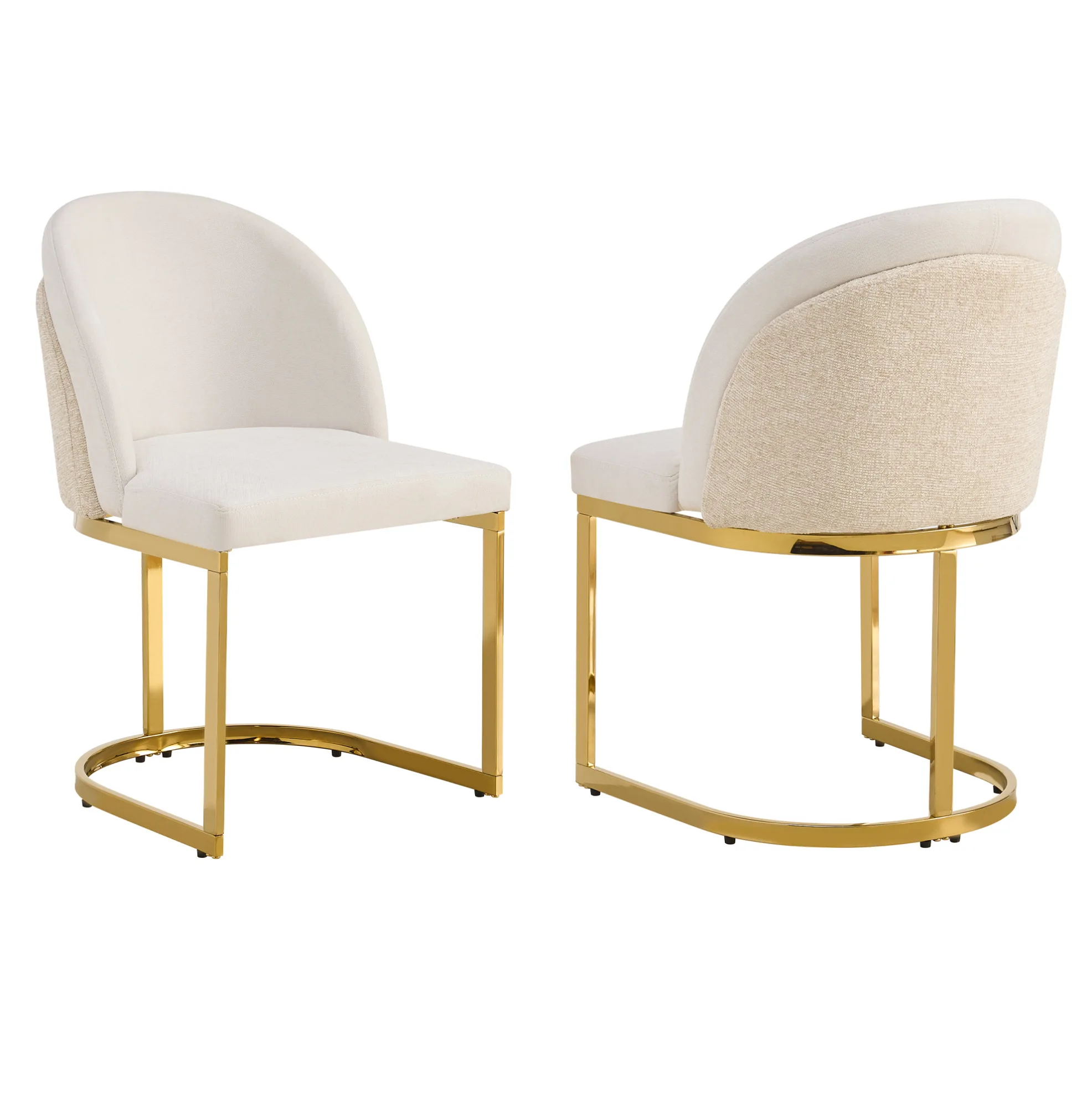 Set van 2 eetkamerstoelen met beige chenille stof en vergulde metalen poten, modern design, geschikt voor restaurants en woonkamers