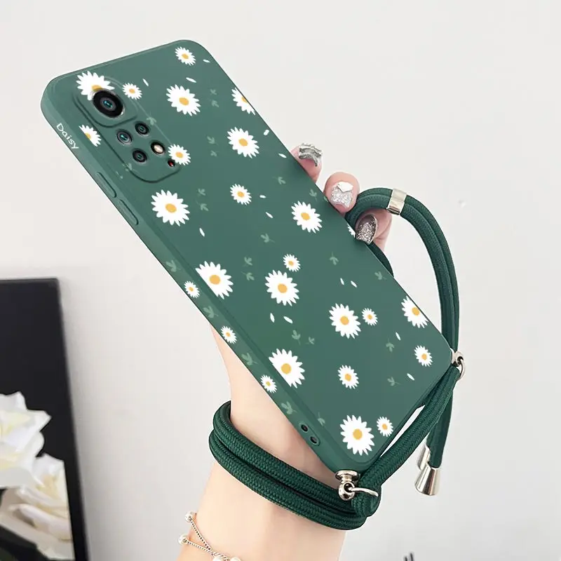 Deciduous Daisies Crossbody Lanyard Silicone Phone Case For Xiaomi Redmi Note 11 Pro Plus 12Pro Plus 11 11S 10 Pro 12 9 Cover