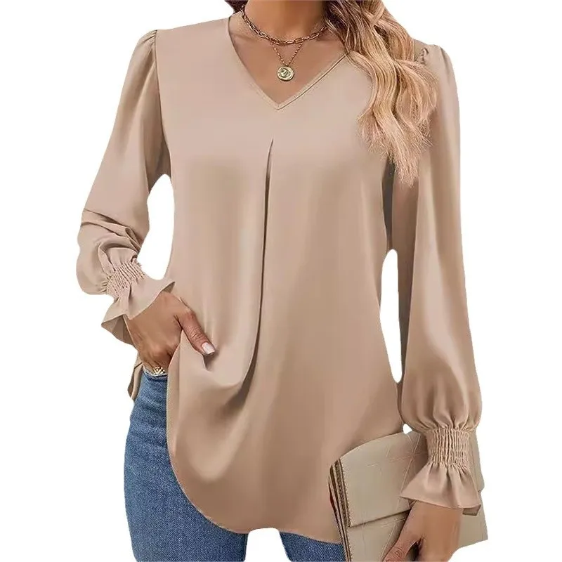 Blouse Women's Solid Color Chiffon Shirt Elegant Lady V-neck Flared Long Sleeve Tunic Top Office Style Loose Pullover Blouses