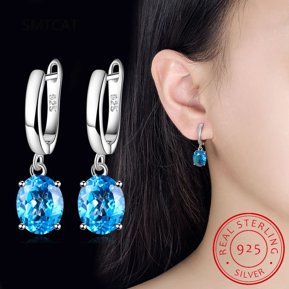 Oval Genuine Blue Topaz Amethyst Citrine Garnet Created Sapphire Ruby Emerald 925 Sterling Silver Green Gemstone Drop Earring