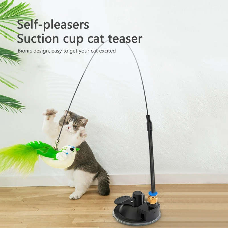 Interactive Cat Toy Funny Simulation Feather Bird with Suction Cup Cat Stick Toy for Kitten Playing Teaser Wand Toy Cat Supplies