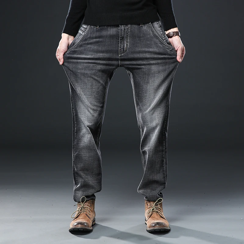 

Elastic Thickened Spring Autumn Men's Jeans Black Grey Anti-Theft plus Size Loose Straight Leg Long Pants Cotton Polyester Blend