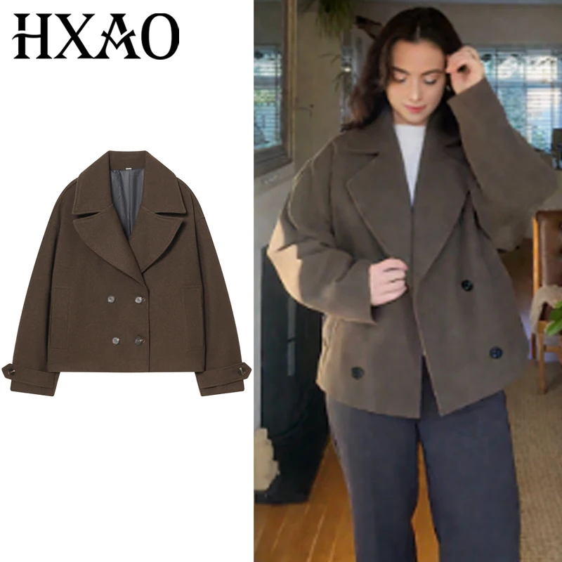 

HXAO модная твидовая коричневая куртка женская зимняя куртка 2025 укороченные пальто с длинными рукавами шикарная элегантная двубортная верхняя одежда-анорак