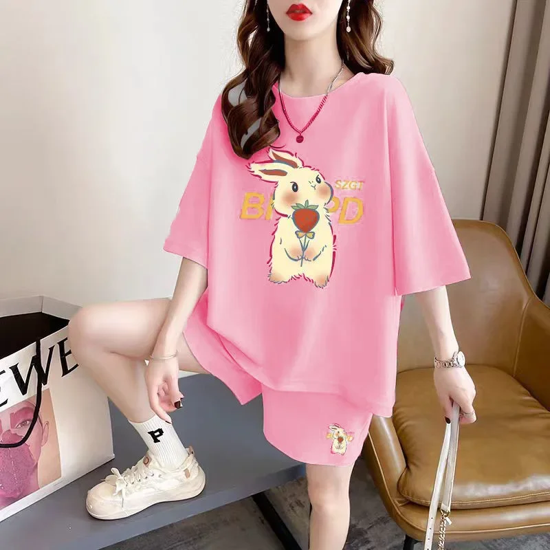 

Teenage Girls Cartoon Rabbit Clothes Set Summer Children Girl Pink Tshirts and Shorts 2pc Suit Kid Top Bottom Outfits Tracksuits