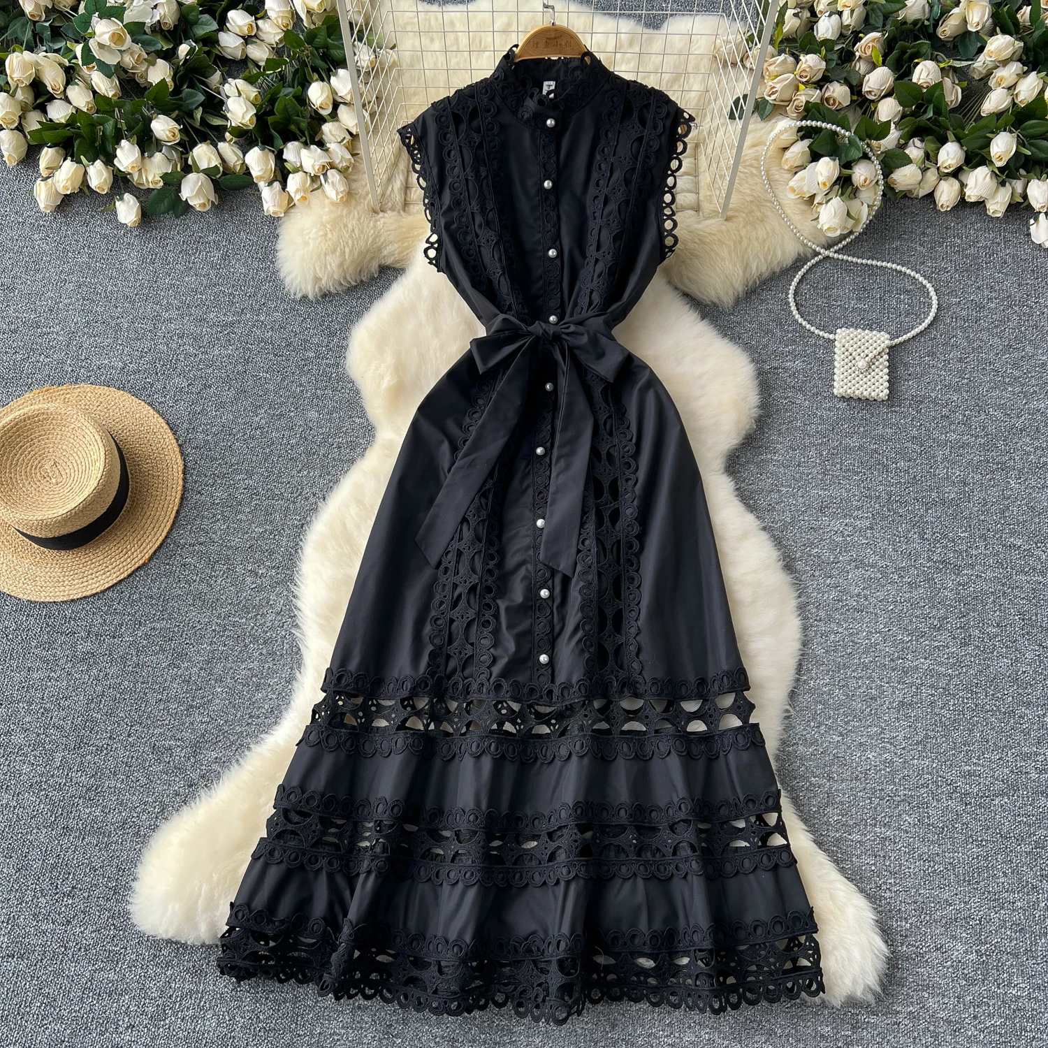 Chic cut out lace-up PATCHWORK Single Breasted Dress Slim High Waist Evening Party Women  Ceremonial dresses