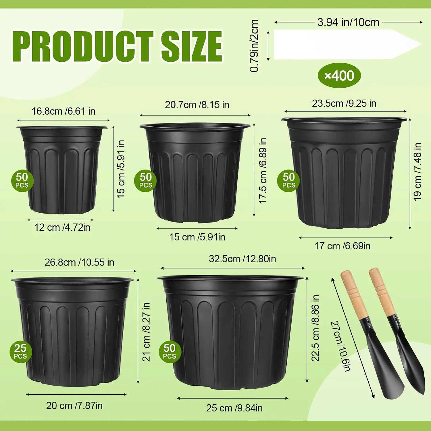 225 Pack 5 Gallon Nursery Pots Bulk Set 5/4/3/2/1 Gal Black Plastic Plant Pots with Drainage Holes, Plant Labels, Mini Shovels,