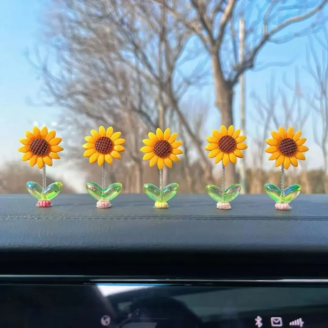 Shaking Head Sunflower Cute Car Center Console Sunflower Ornament Car Accessories Interior Creative Adorns Decorations