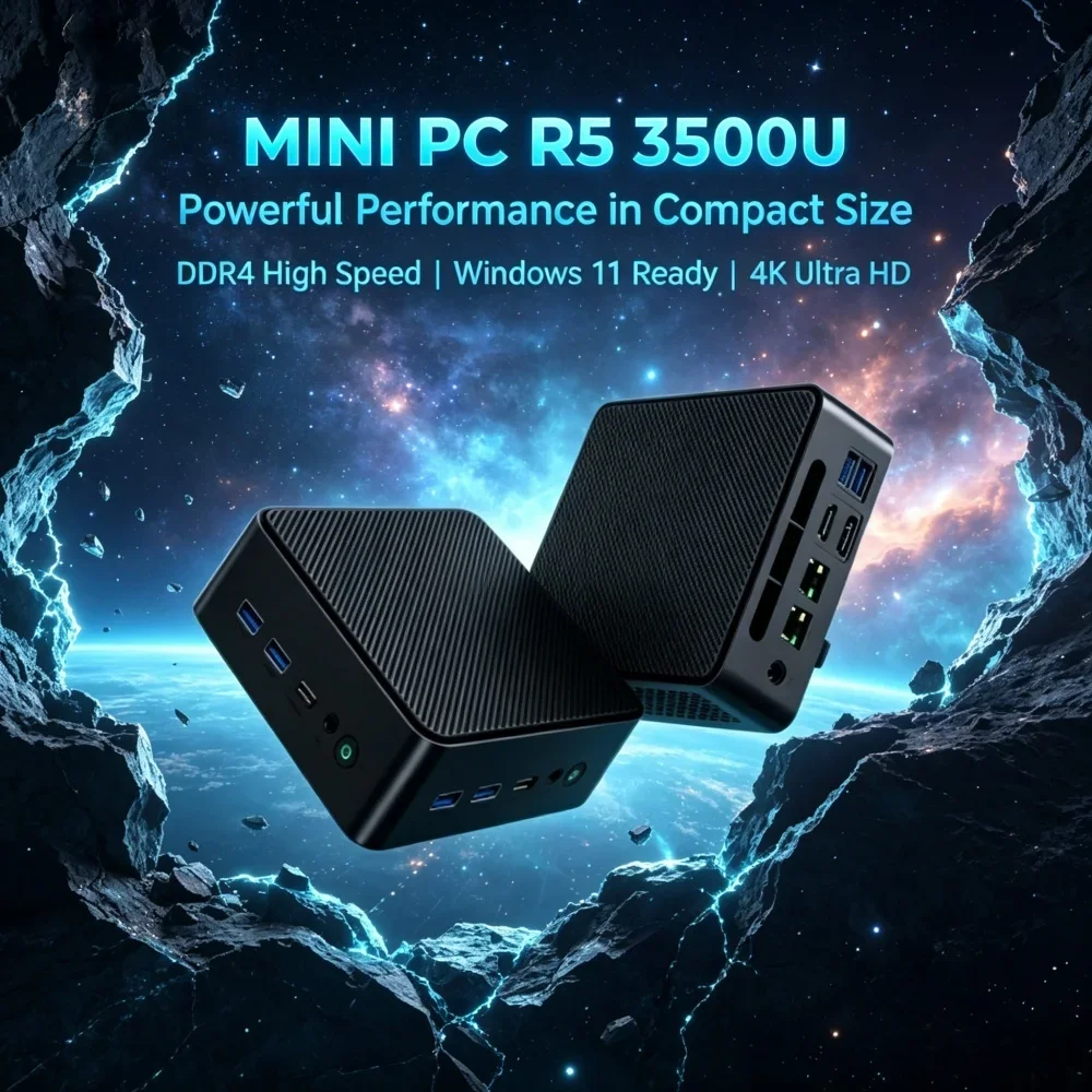 Dual 4K Display Portable Mini PC, Hot AMD Ryzen 5 3500U 32GB DDR4 2TB M.2 SSD Win11 Small Desktop Fashion