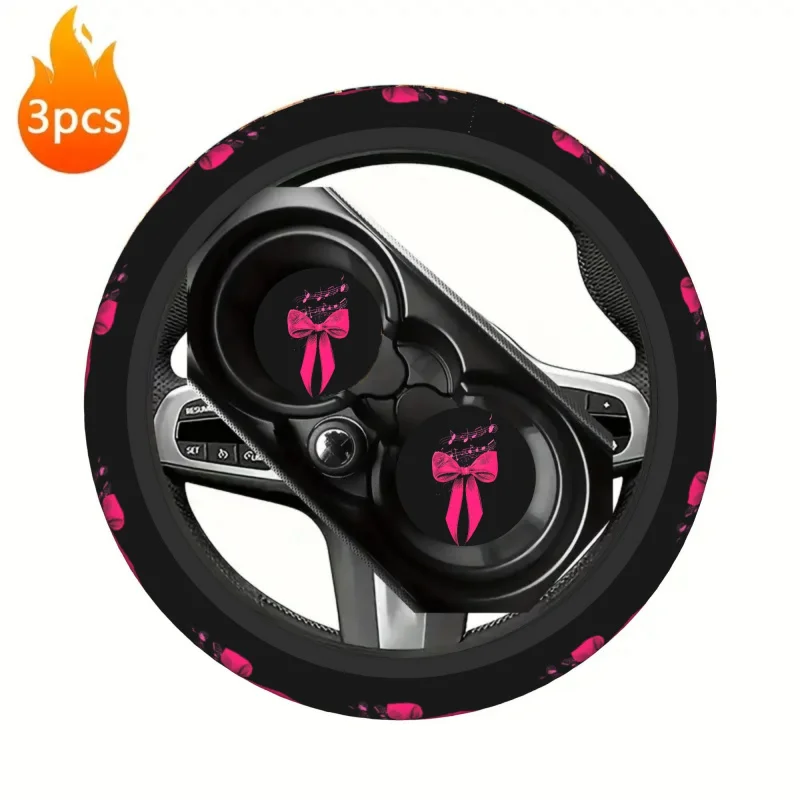 

Rose Pink Bowknot Design Car Interior Three-Piece Set - Suitable for most vehicles，Include1A steering wheel cover（Excludes inner